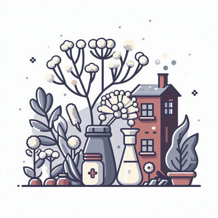 Vector illustration of a village with flowers, plants, trees and houses.のイラスト素材