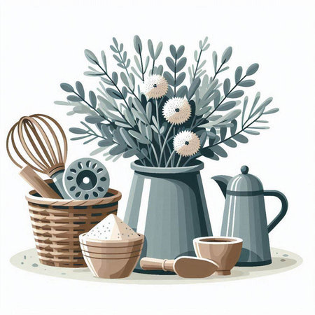 Kitchen utensils, tools and flowers. Vector illustration.のイラスト素材