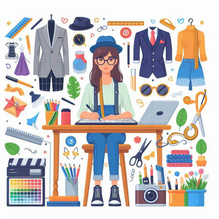 Fashion designer woman working at office. Vector illustration in flat styleのイラスト素材