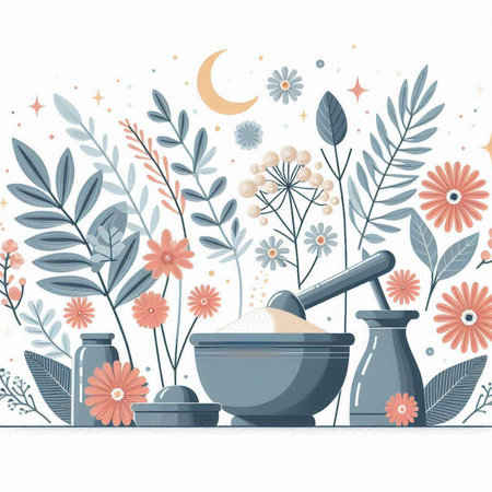 Spa background with flowers, mortar and pestle. Vector illustration.のイラスト素材