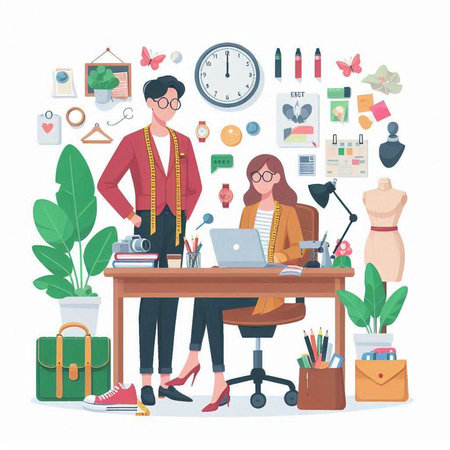 Fashion designer man and woman working at the office. Vector illustration.のイラスト素材