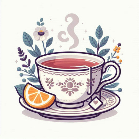 Cup of tea with lemon, leaves and berries. Vector illustration.のイラスト素材