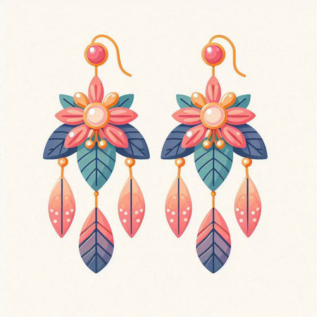 Illustration of earrings decorated with flowers and leaves. Vector illustration.のイラスト素材