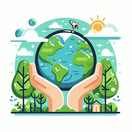 Save the planet concept. Vector flat illustration of hands holding a globe.のイラスト素材