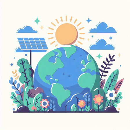 Ecology concept. Earth with solar panels and flowers. Vector illustration.のイラスト素材