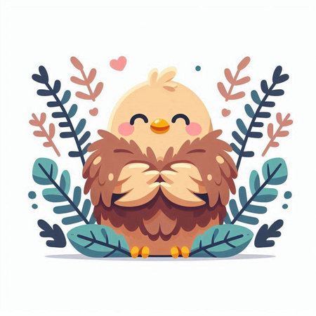 Cute cartoon chicken character with flowers and leaves. Vector illustration.のイラスト素材