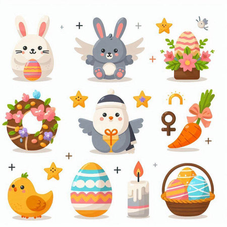 Easter icons set with eggs, bunny, chicken, chick, candle, rabbit, bird, spring flowers and other elementsのイラスト素材