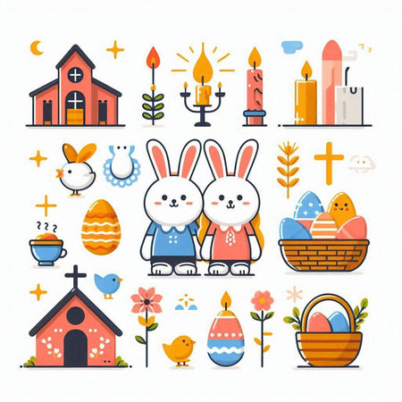 Set of cute Easter icons. Vector illustration in flat cartoon style.のイラスト素材
