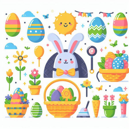 Easter bunny, basket with eggs and flowers. Colorful flat vector illustration.のイラスト素材