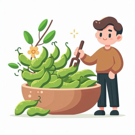 Young man planting soybeans in a pot. Vector illustration in cartoon style.のイラスト素材
