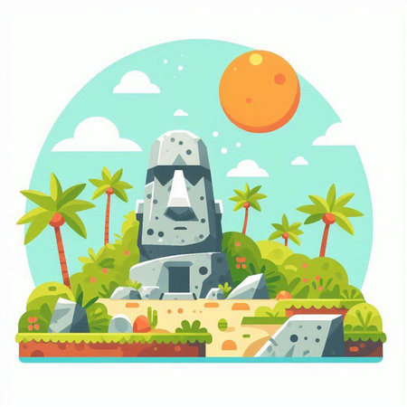 Stone temple on the island. Vector illustration in flat cartoon style.のイラスト素材
