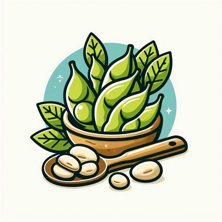 Bowl of soybeans with pods and spoon. Vector illustration.のイラスト素材