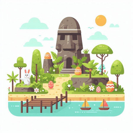 Buddhist temple on the island. Vector illustration in flat styleのイラスト素材