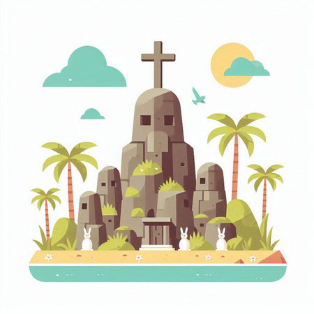Huge stone church on the island with palm trees. Vector illustration.のイラスト素材