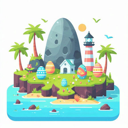 Easter Island with Eggs, Lighthouse and Palm Trees. Vector Illustrationのイラスト素材