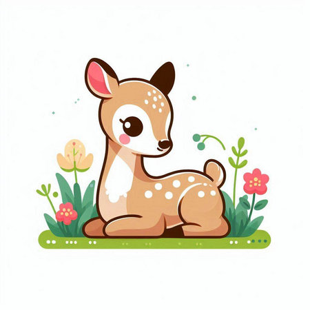 Cute little deer sitting on the grass. Vector illustration isolated on white background.のイラスト素材