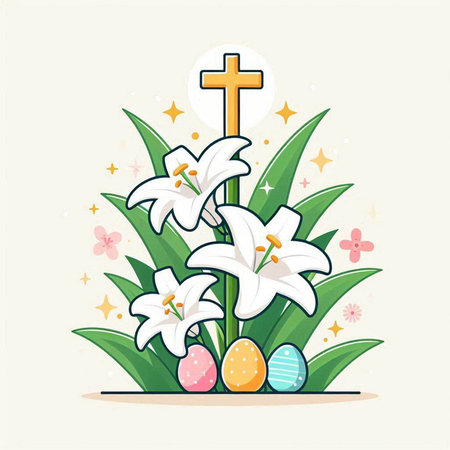Easter greeting card with lily, eggs and cross. Vector illustration.のイラスト素材