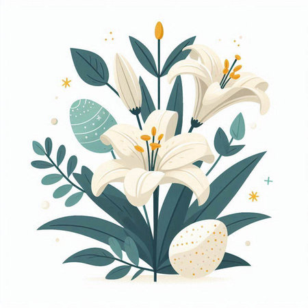 Easter egg with white lilies and green leaves. Vector illustration.のイラスト素材