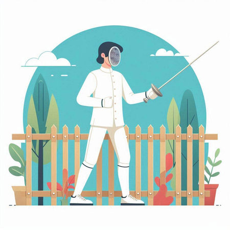 Fencing sport vector illustration. Female fencer with sword on wooden fence.のイラスト素材