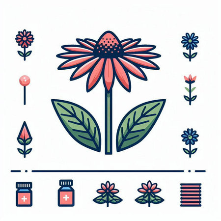 Flower and medicine icons set. Vector illustration in thin line styleのイラスト素材