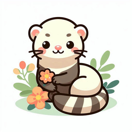 Cute otter sitting on flower and holding flower. Vector illustration.のイラスト素材