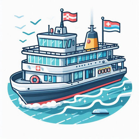 Vector illustration of a cruise ship on the water with flags of Switzerland.のイラスト素材