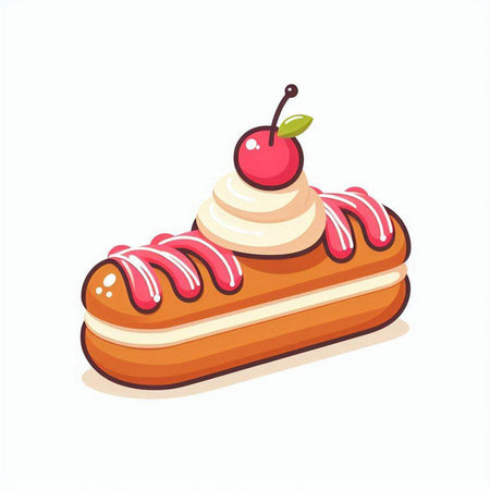 Eclair with whipped cream and cherry isolated on white background. Vector illustration.のイラスト素材