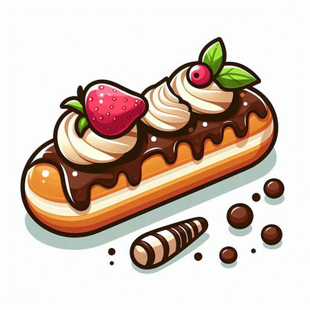 Chocolate eclair with whipped cream and strawberries. Vector illustration.のイラスト素材