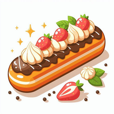 Chocolate eclair with strawberries and whipped cream. Vector illustration.のイラスト素材