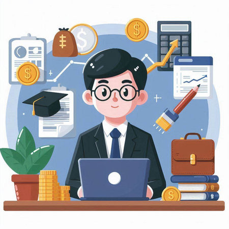 Businessman working on laptop in office. Concept of success and growth. Vector illustration in flat style.のイラスト素材
