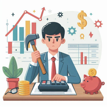 Businessman working with calculator and piggy bank. Flat vector illustration.のイラスト素材
