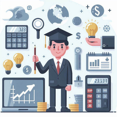Vector illustration of a man in a graduation cap, mortarboard, calculator, light bulb, money and education icons.のイラスト素材