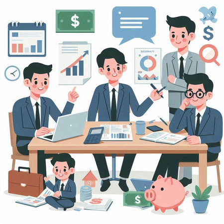 Business people sitting at table in office vector illustration. Business meeting, brainstorming, teamwork and planning concept.のイラスト素材