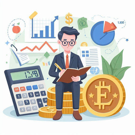 Businessman sitting on stack of coins and holding notebook. Vector illustrationのイラスト素材