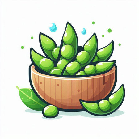 Fresh green peas in wooden bowl. Vector illustration isolated on white background.のイラスト素材