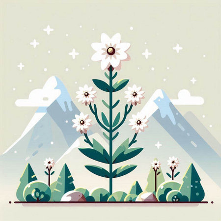Mountain landscape with flowers and plants. Vector illustration in flat style.のイラスト素材