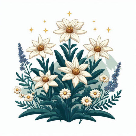 Illustration of daffodils and lavender flowers with starsのイラスト素材