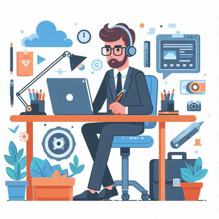Freelance man in headphones works on laptop. Freelance concept. Vector illustrationのイラスト素材