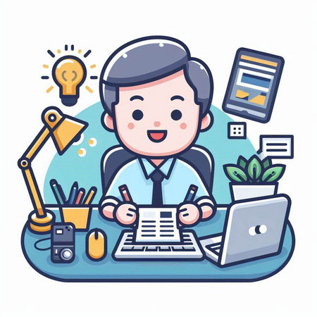 Businessman working with laptop and light bulb. Flat design style vector illustration.のイラスト素材