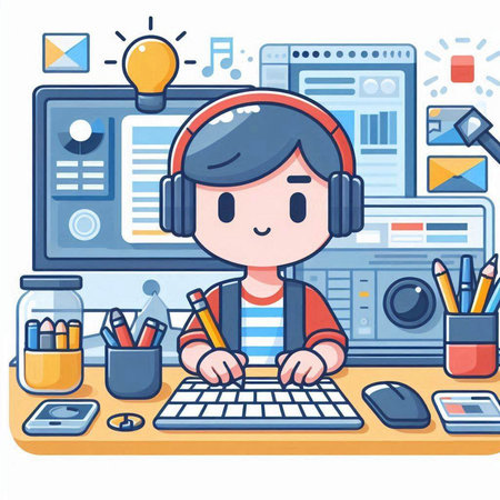 Illustration of a boy working on a computer in the office.のイラスト素材