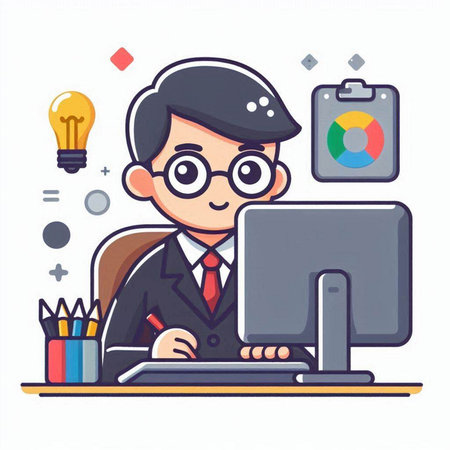 Businessman working on computer in office. Vector illustration in flat styleのイラスト素材