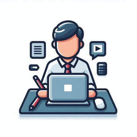 Man working with laptop and social media icons in flat style. Vector illustration.のイラスト素材