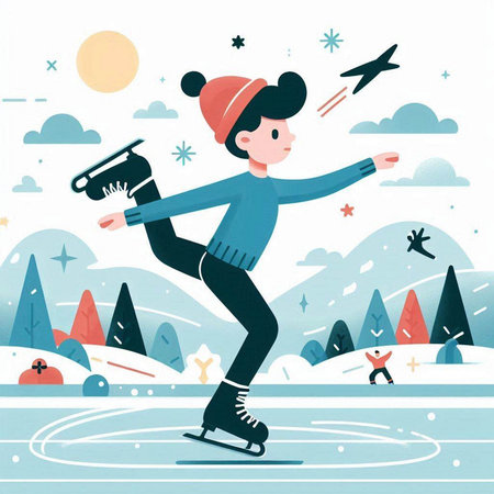 Girl skating on ice in winter. Vector illustration in flat style.のイラスト素材