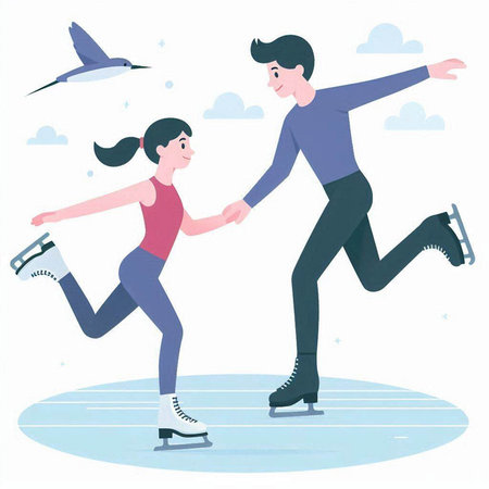 Man and woman skates on ice. Vector illustration in flat styleのイラスト素材