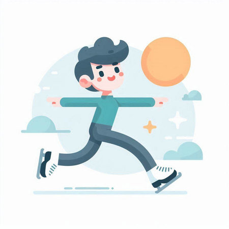 Boy running with sun in the background. Vector illustration in a flat style.のイラスト素材