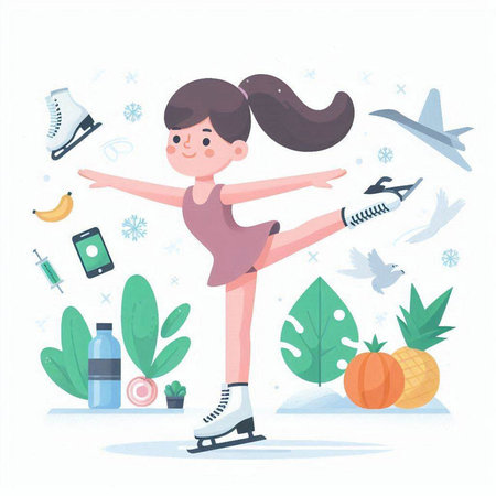 Cute little girl skating on ice rink. Vector flat cartoon illustrationのイラスト素材