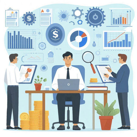 Businessman working in office. Teamwork, brainstorming, analysis, strategy, project management. Vector illustration in flat styleのイラスト素材