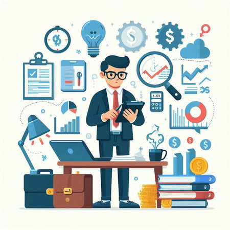 Businessman working in office. Business concept. Vector illustration in flat styleのイラスト素材