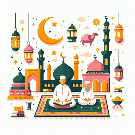 Vector illustration of Ramadan Kareem greeting card with mosque, crescent and lanterns.のイラスト素材