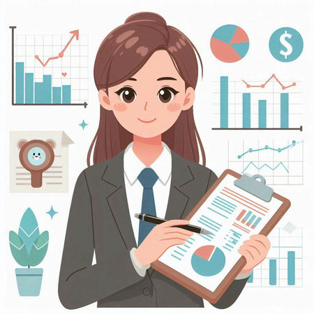 Business woman holding clipboard with financial graphs and charts. Vector illustration.のイラスト素材